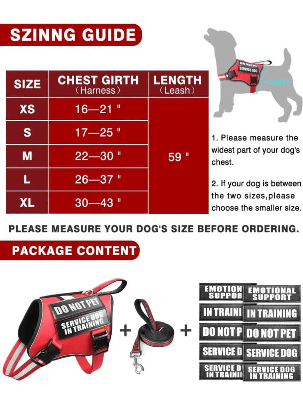 Adjustable Reflective Service Dog Vest Harness & Leash Set + 10 Patches, XS
